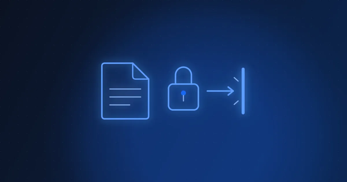 A document, a padlock and an outbound arrow halted at a barrier, on a dark navy background