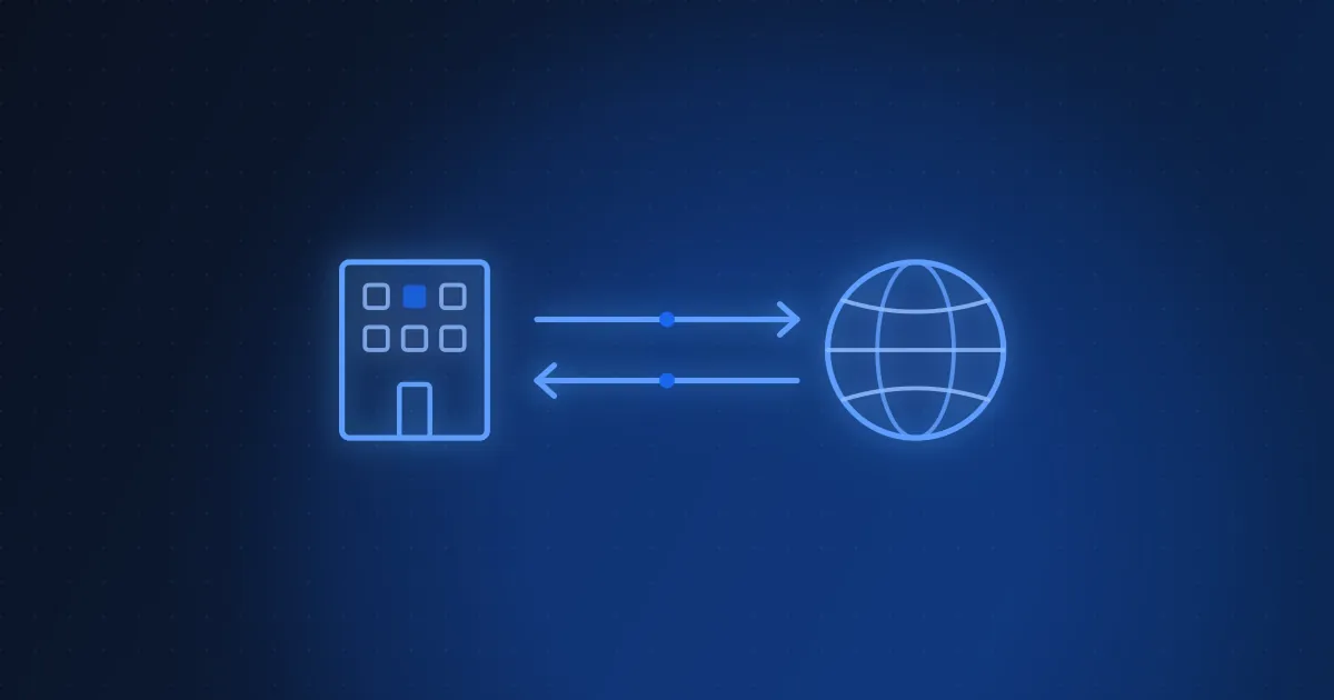 Two arrows of equal length pointing in opposite directions between a building and a globe, on a dark navy background