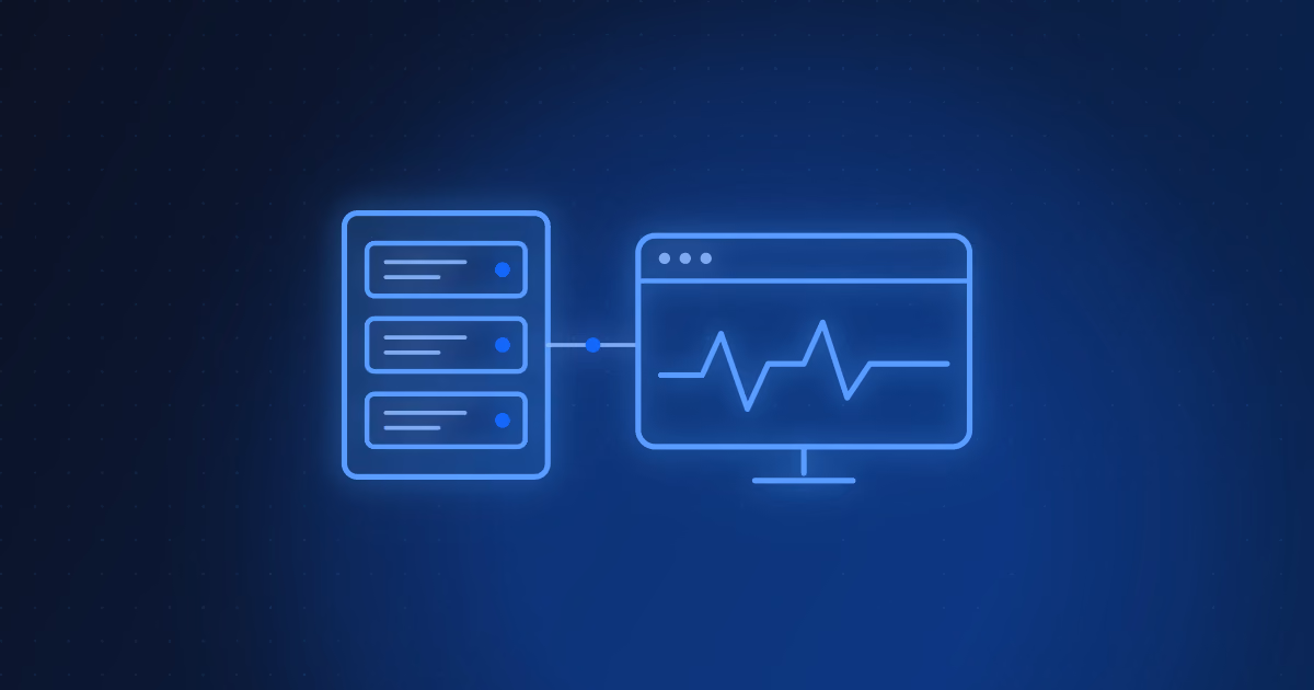 A server rack connected to a monitoring panel showing a waveform, on a dark navy background