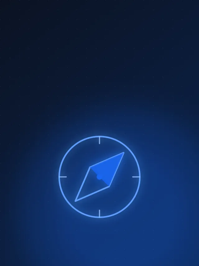 A compass icon in glowing blue lines on a dark navy background, its needle pointing north-east