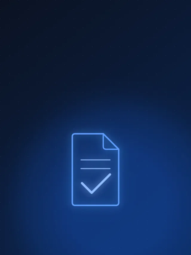 A document icon with a check mark across its lower half on a dark navy background