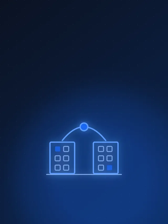 Two buildings joined by a line running through a node above them, on a dark navy background