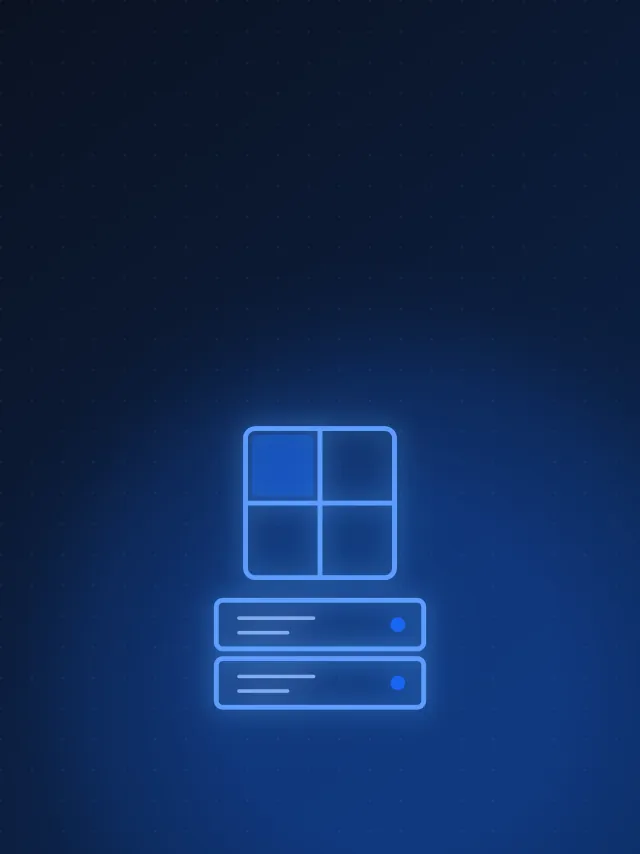 A four-pane window above two server racks on a dark navy background