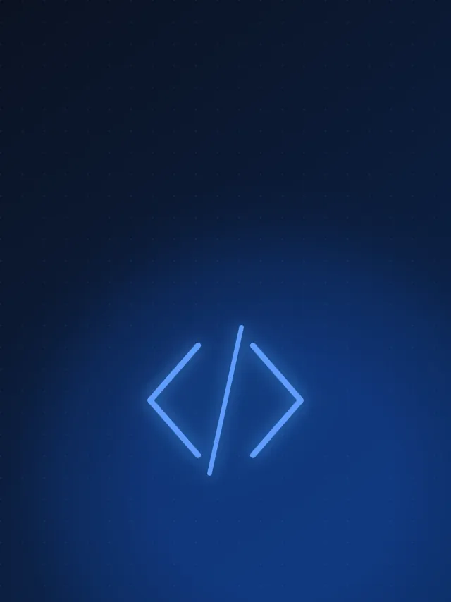 A code icon of two facing angle brackets with a slash between them, on a dark navy background